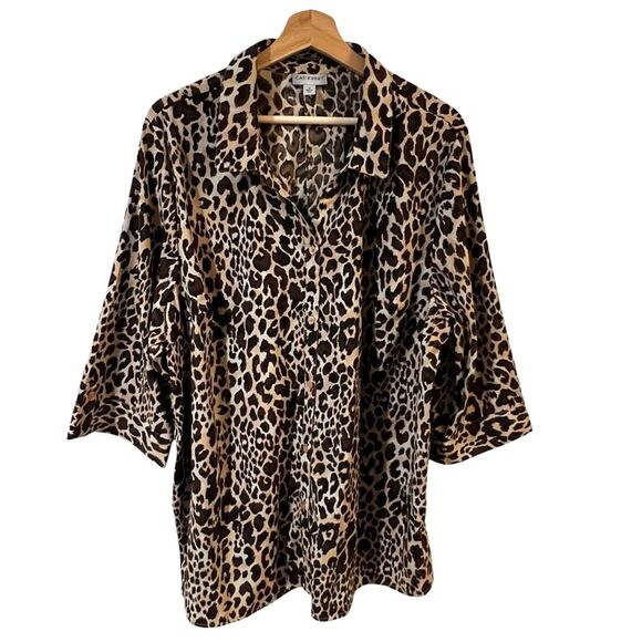 Catherines Leopard Print Roll Tab Sleeve Button Up Top 2X Relaxed Office Mature - Picture 1 of 8